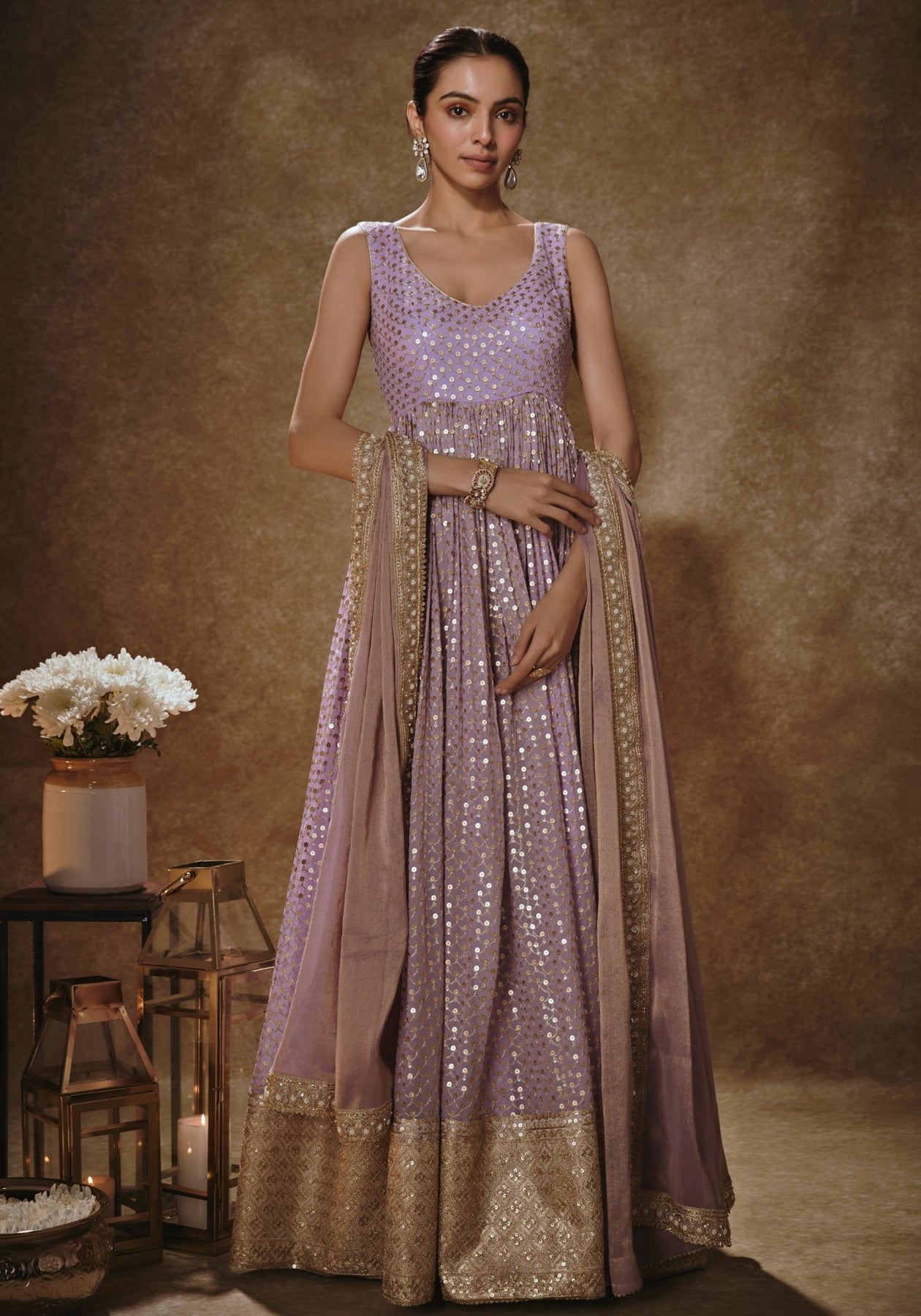 Lilac Gold Embroidered Viscose Georgette Anarkali (2-Piece) - Image 1