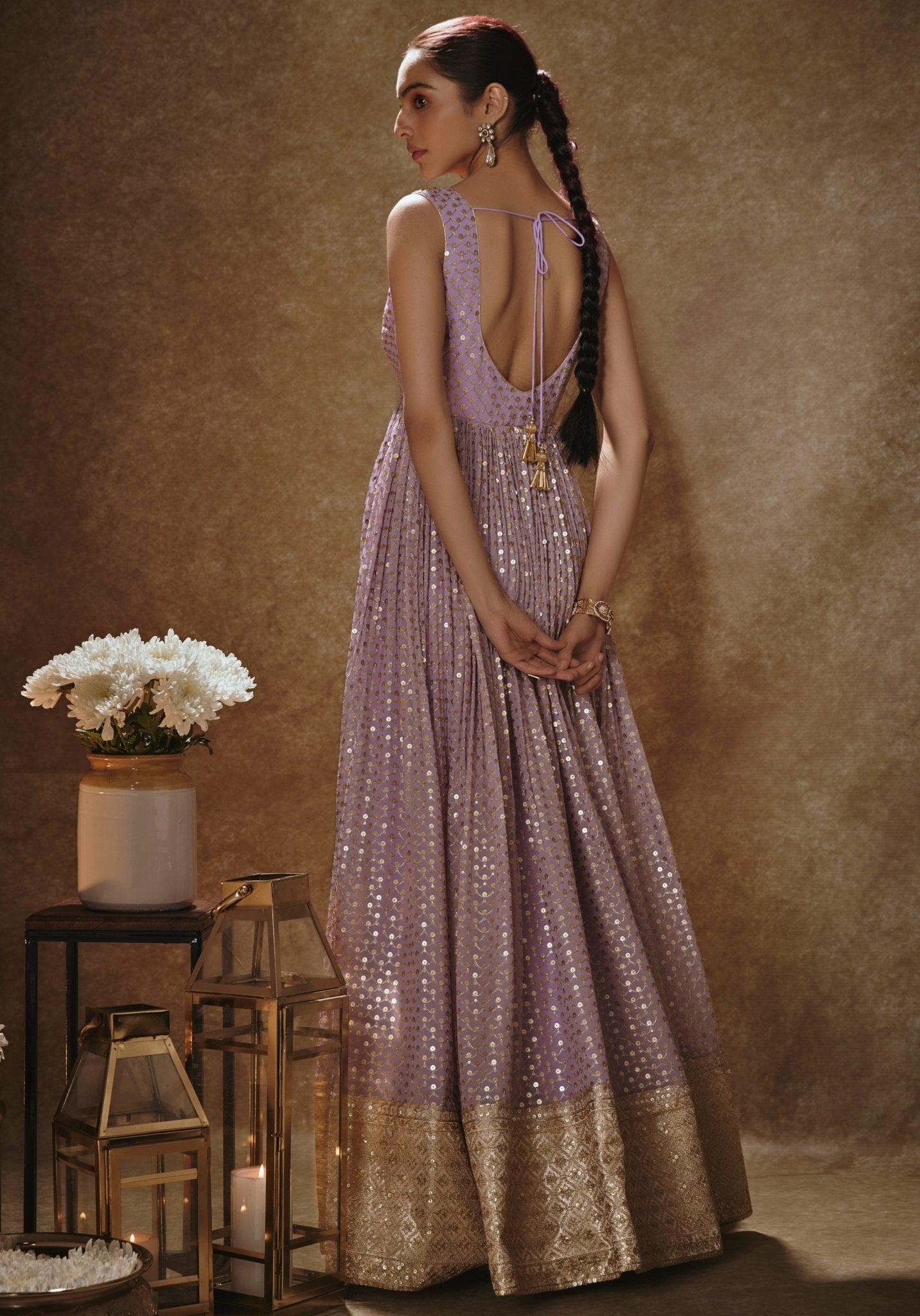 Lilac Gold Embroidered Viscose Georgette Anarkali (2-Piece) - Image 4