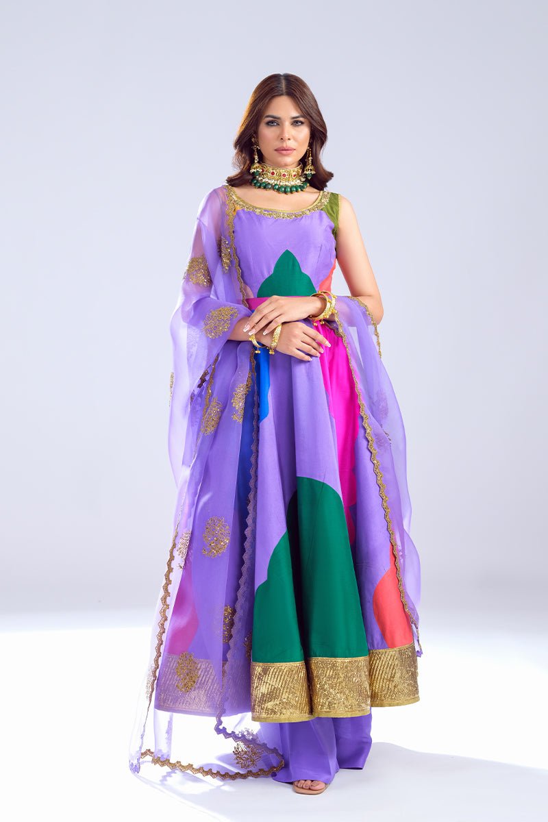 Purple Multi-Colour Zardozi Embossed Silk Anarkali (3-Piece) - Image 1