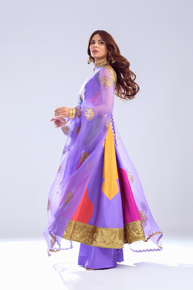 Purple Multi-Colour Zardozi Embossed Silk Anarkali (3-Piece) - Image 3