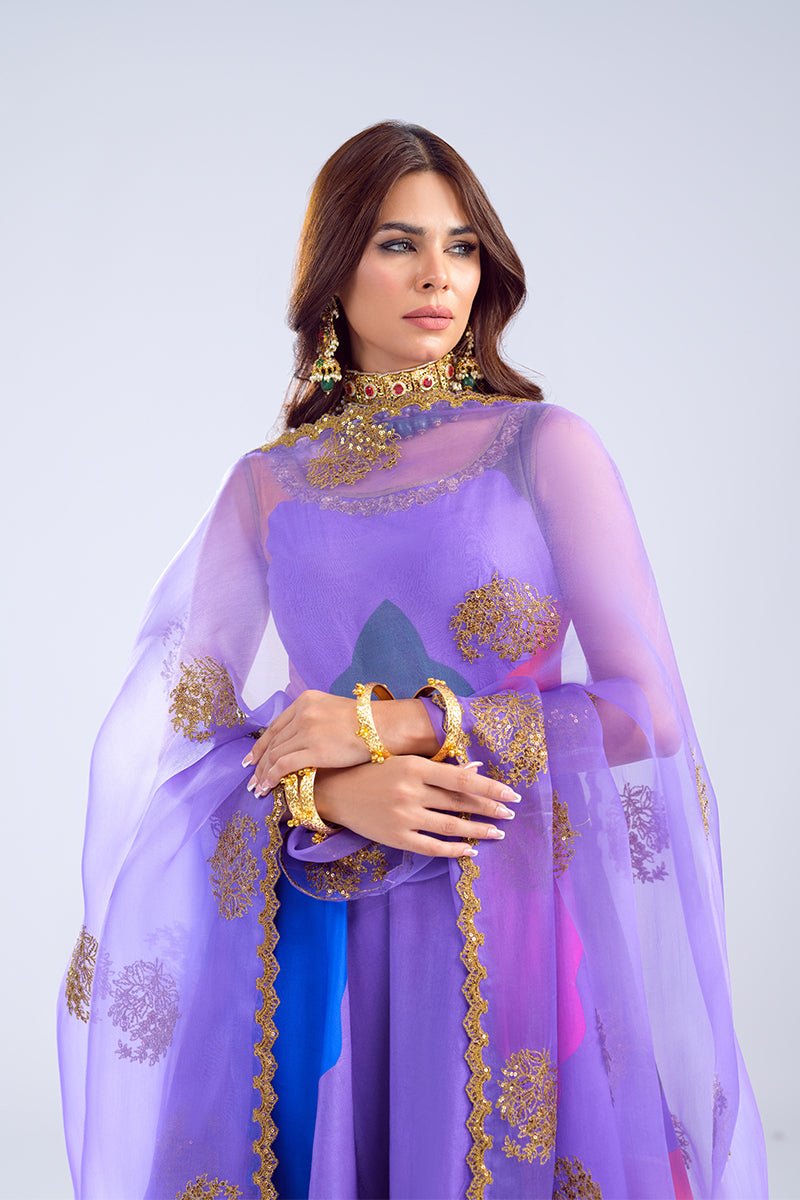 Purple Multi-Colour Zardozi Embossed Silk Anarkali (3-Piece) - Image 4