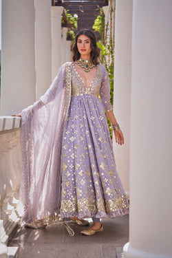 Lilac Lurex & Mirror Embroidered Net Anarkali (3-Piece) - Image 1