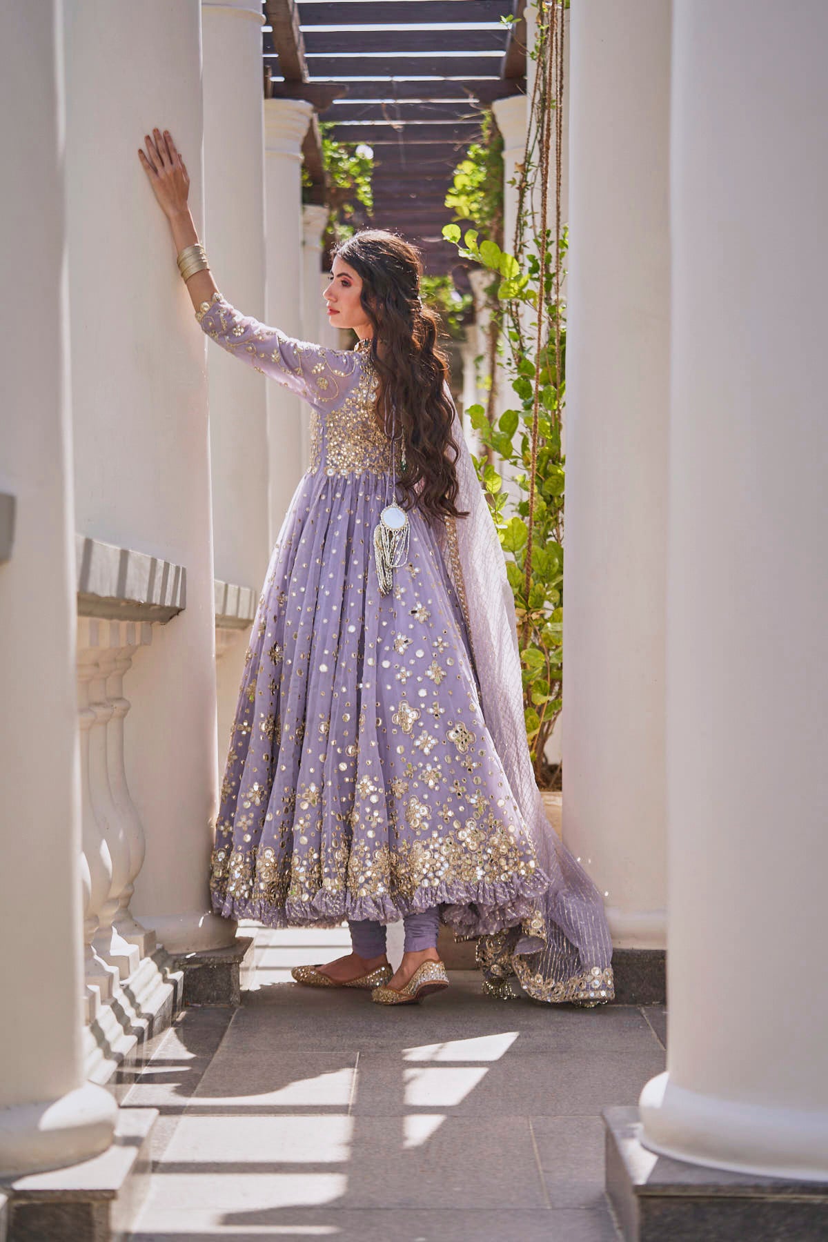 Lilac Lurex & Mirror Embroidered Net Anarkali (3-Piece) - Image 3