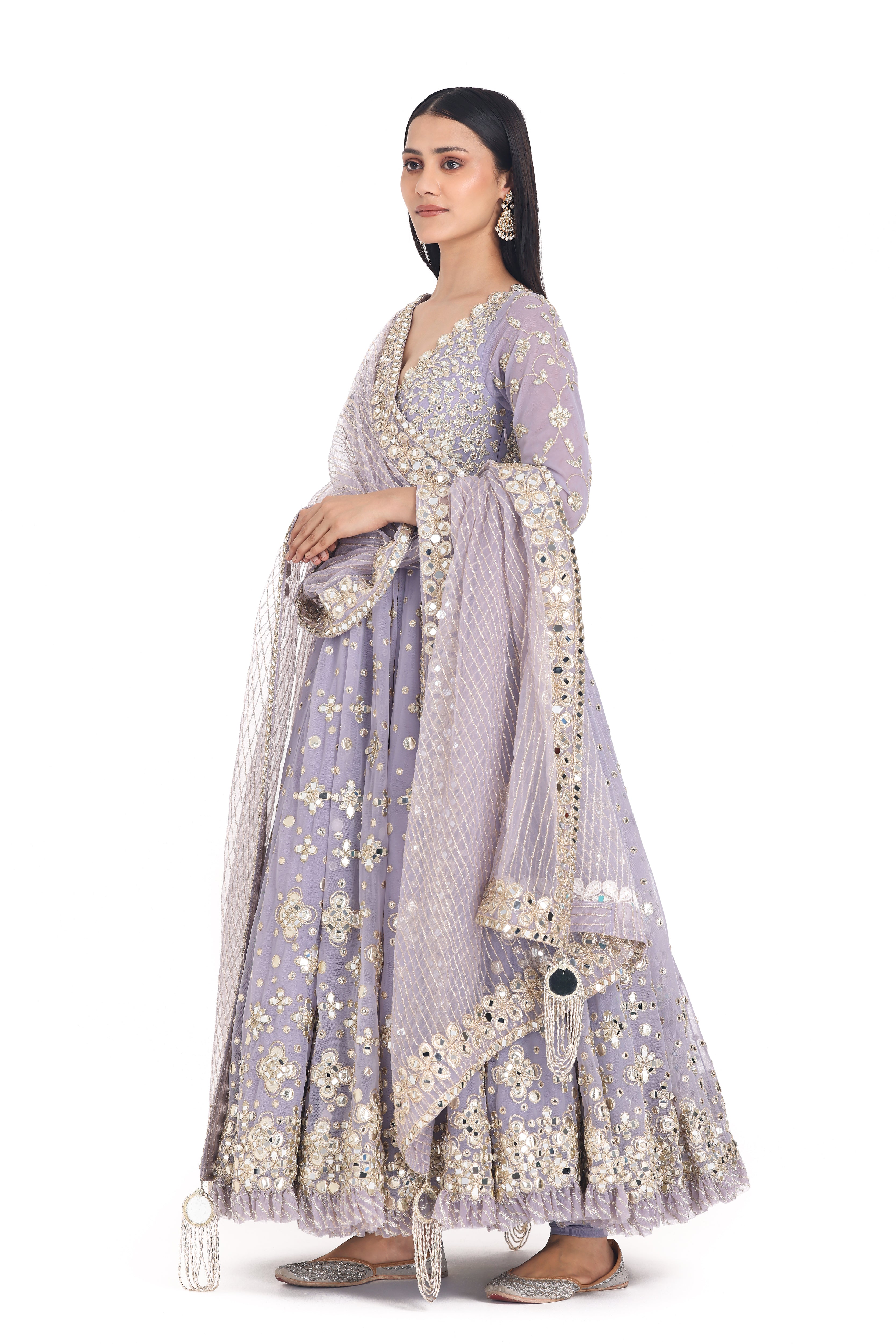 Lilac Lurex & Mirror Embroidered Net Anarkali (3-Piece) - Image 5