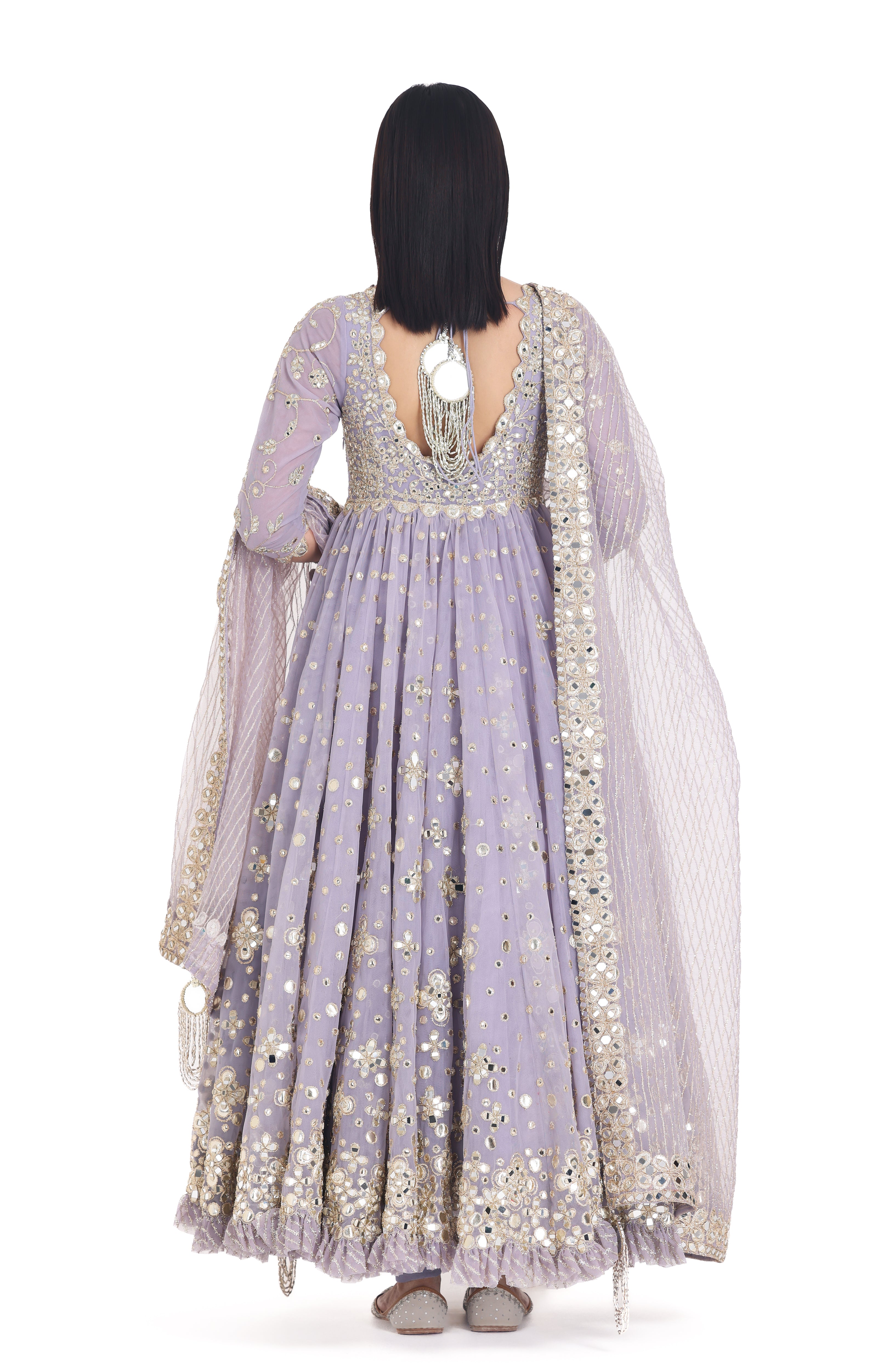 Lilac Lurex & Mirror Embroidered Net Anarkali (3-Piece) - Image 6