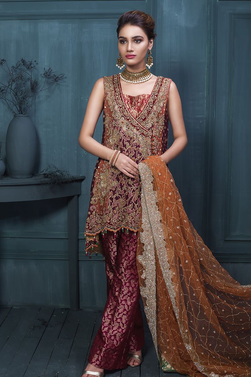 Plum Embroidered Angarkha Dress (3-Piece) - Image 1