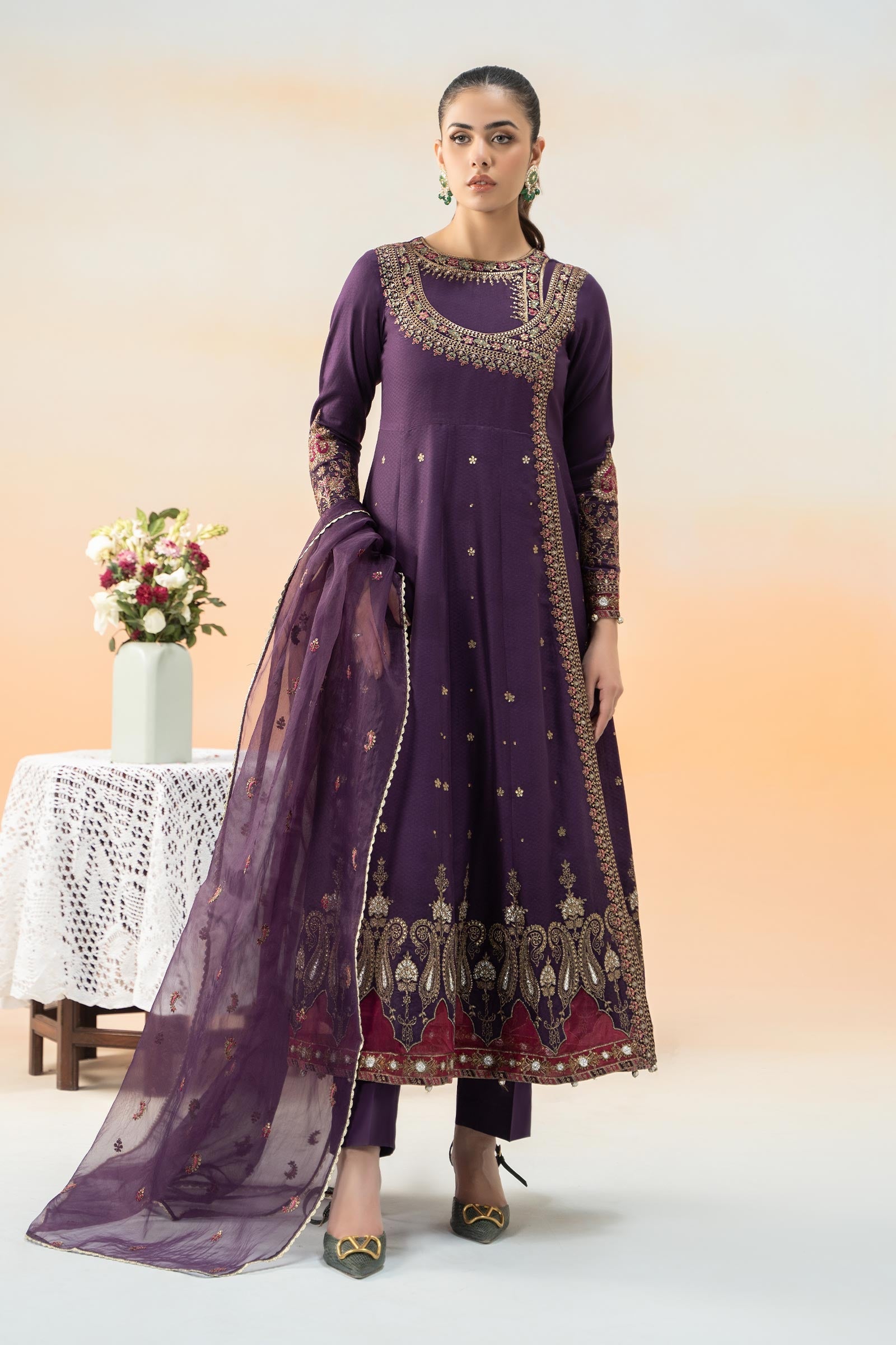 Pakistani Purple Embroidered Dobby Lawn Angrakha (3-Piece) - Image 1