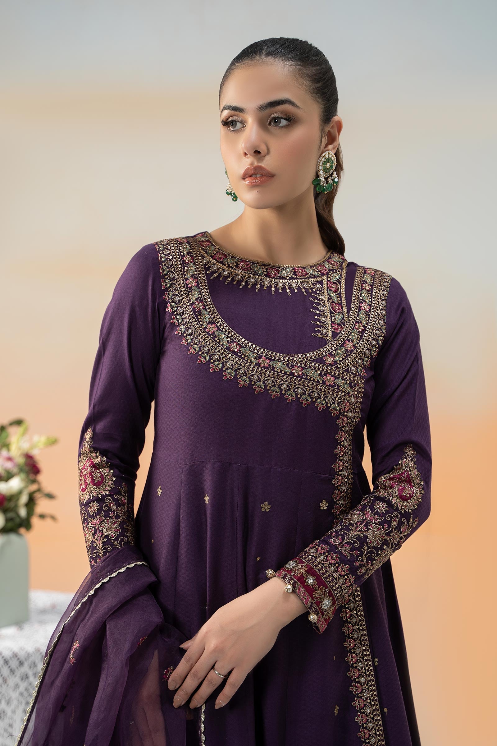 Pakistani Purple Embroidered Dobby Lawn Angrakha (3-Piece) - Image 2