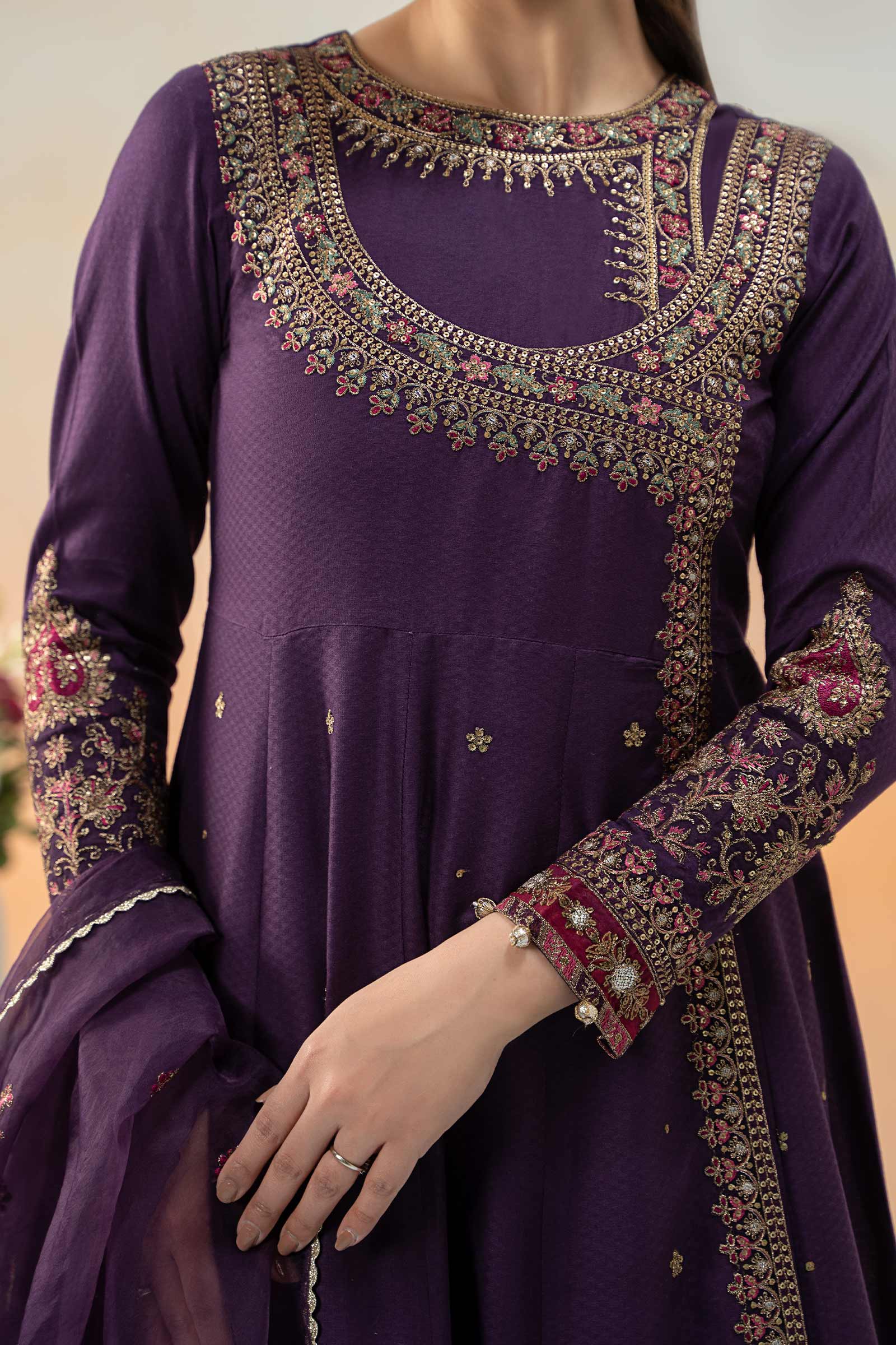 Pakistani Purple Embroidered Dobby Lawn Angrakha (3-Piece) - Image 4