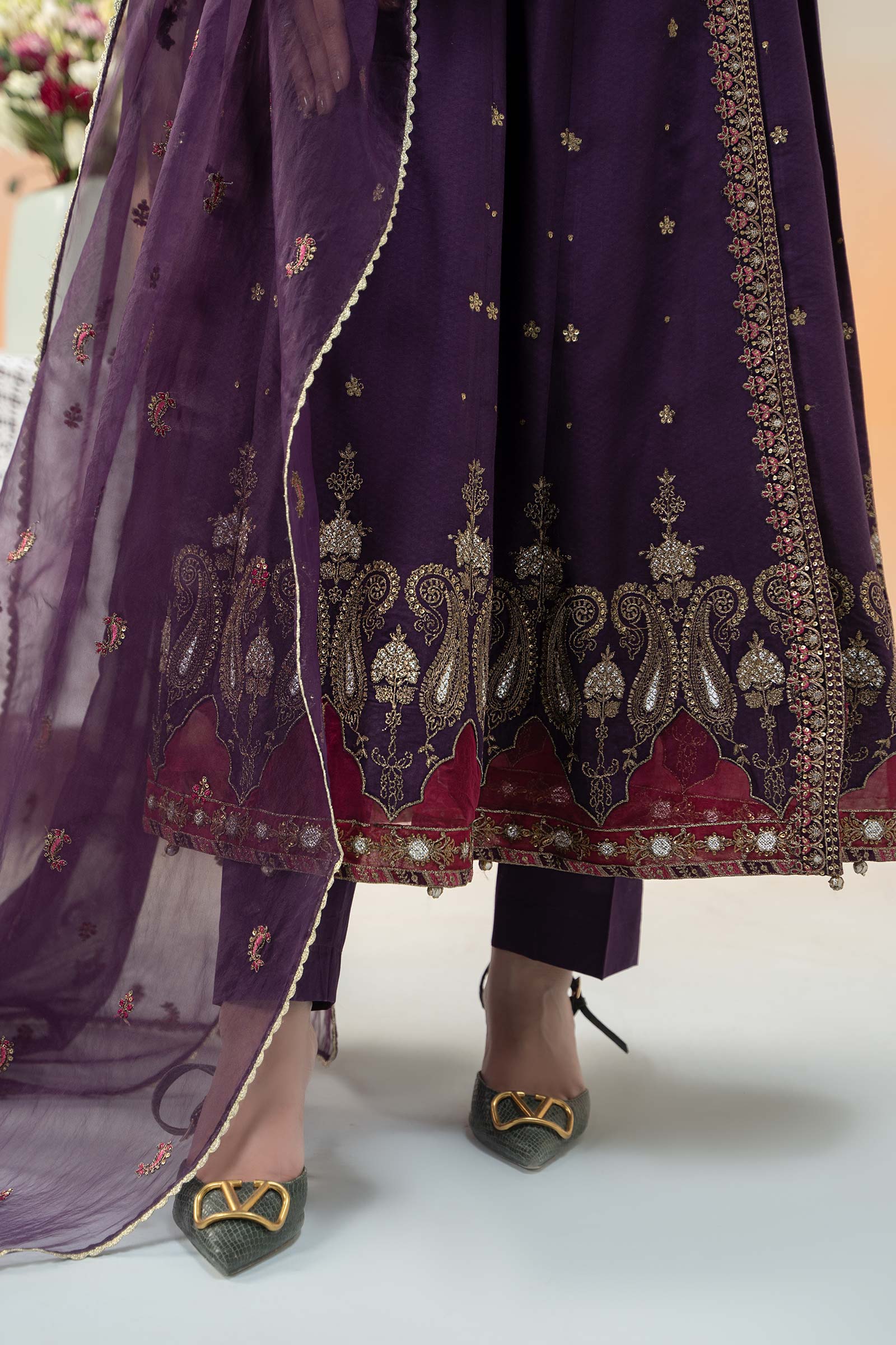 Pakistani Purple Embroidered Dobby Lawn Angrakha (3-Piece) - Image 5