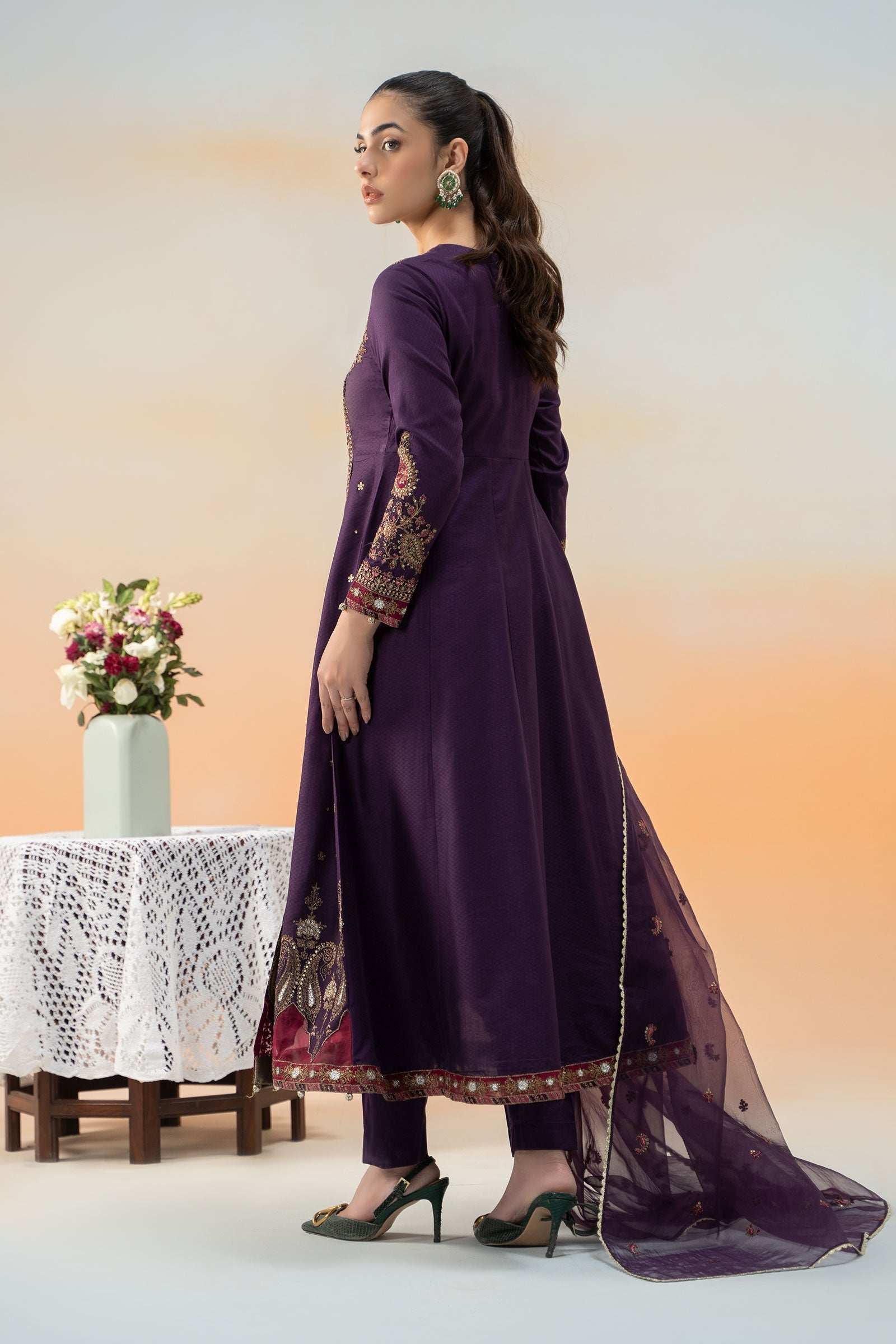 Pakistani Purple Embroidered Dobby Lawn Angrakha (3-Piece) - Image 6