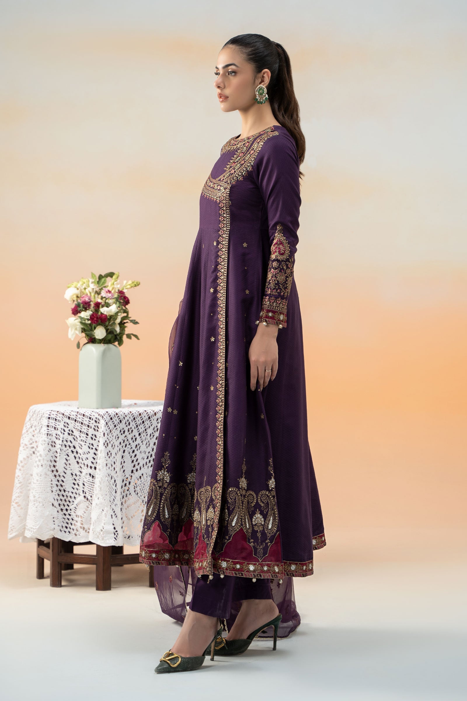 Pakistani Purple Embroidered Dobby Lawn Angrakha (3-Piece) - Image 7