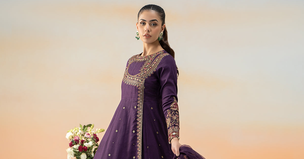 Pakistani Purple Embroidered Dobby Lawn Angrakha (3-Piece) - Image 8