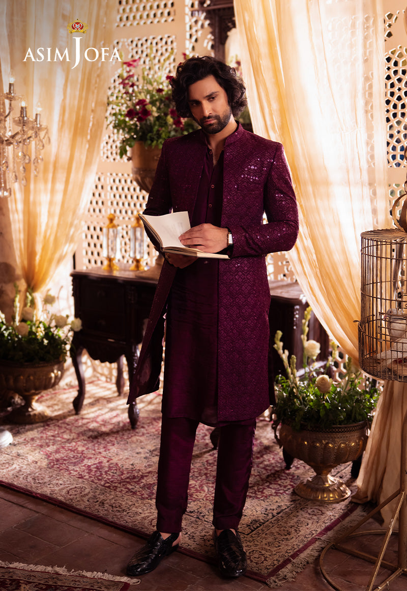 Deep Purple Sequin & Resham Raw Silk Sherwani (3-Piece) - Image 1