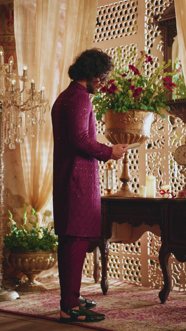 Deep Purple Sequin & Resham Raw Silk Sherwani (3-Piece) - Image 2