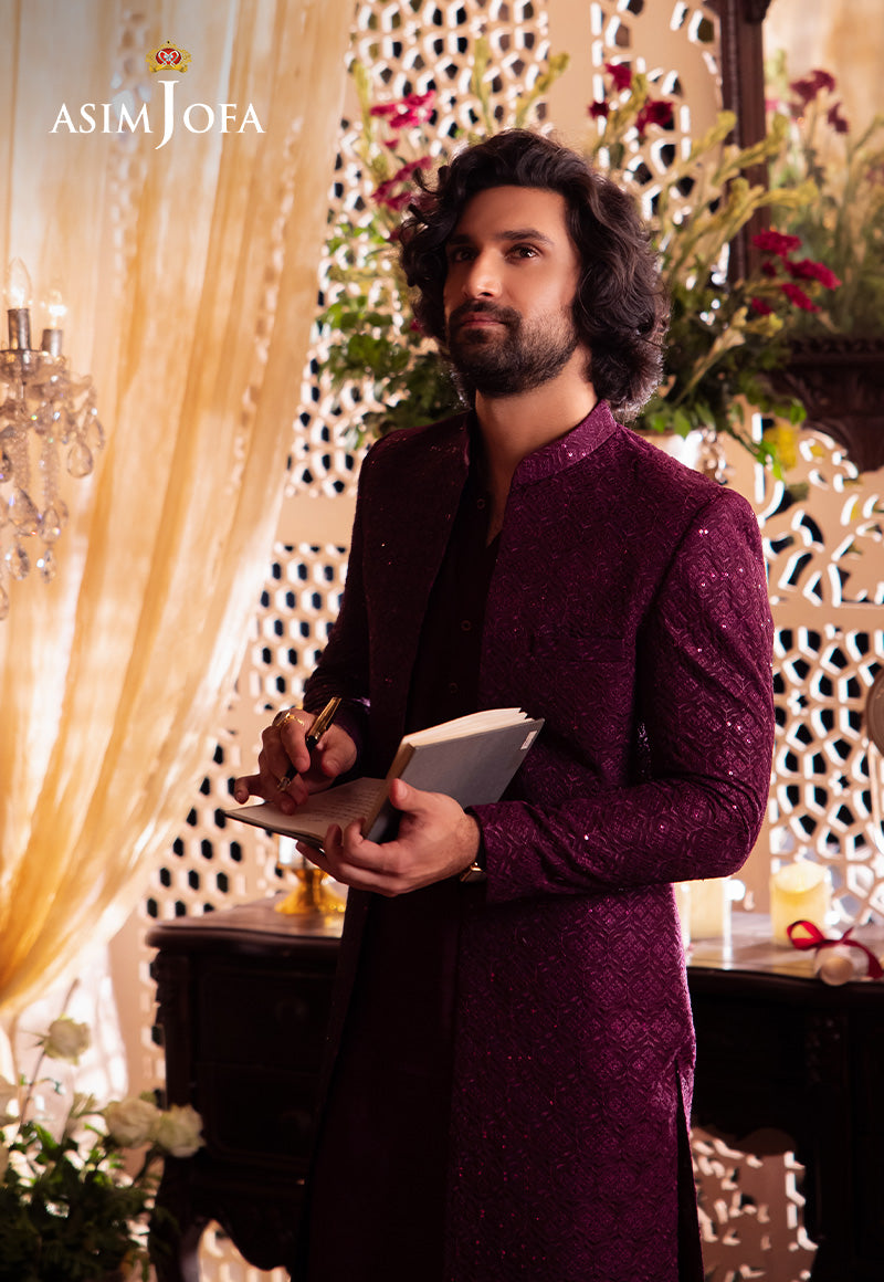 Deep Purple Sequin & Resham Raw Silk Sherwani (3-Piece) - Image 3