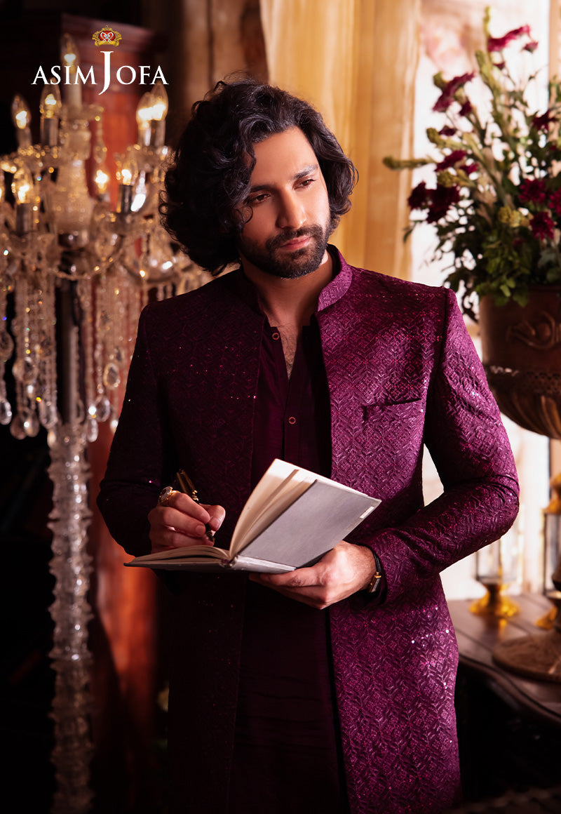 Deep Purple Sequin & Resham Raw Silk Sherwani (3-Piece) - Image 4