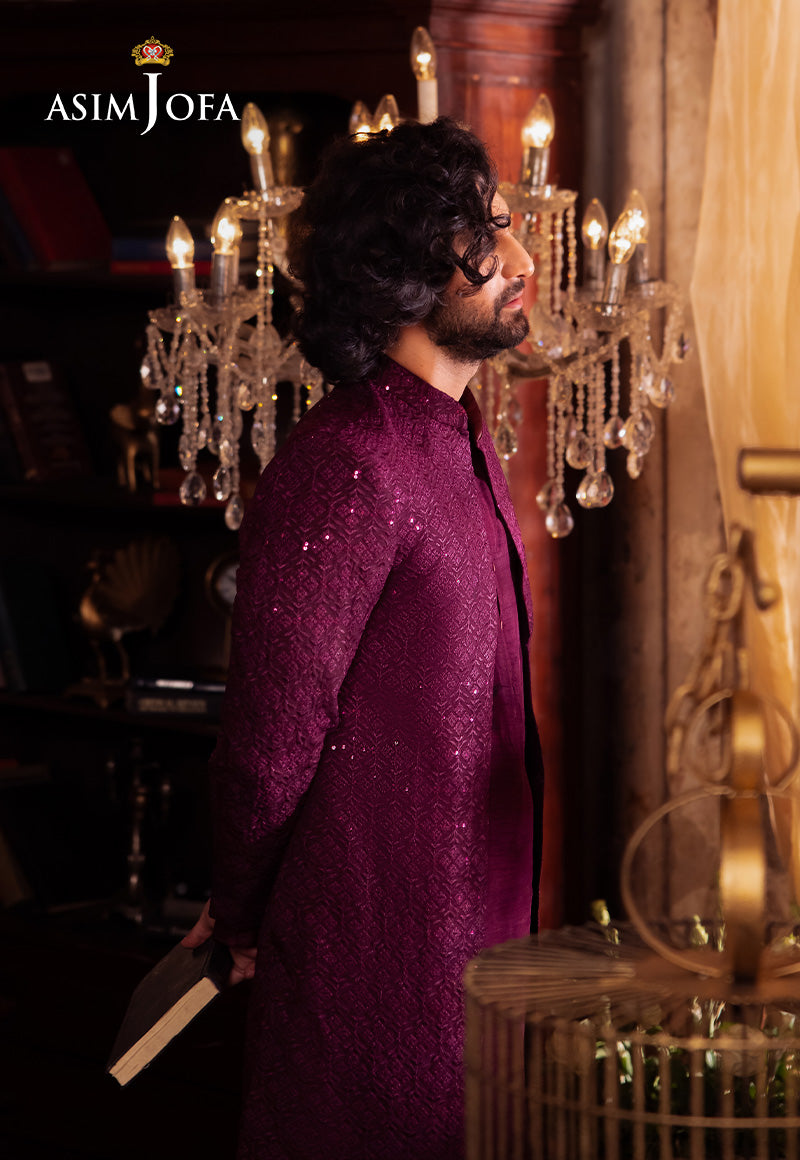 Deep Purple Sequin & Resham Raw Silk Sherwani (3-Piece) - Image 5