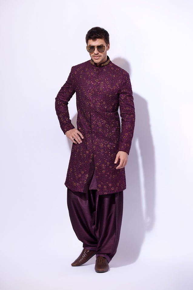 Plum Self-Embroidered Silk-Blend Achkan Sherwani (2-Piece) - Image 2