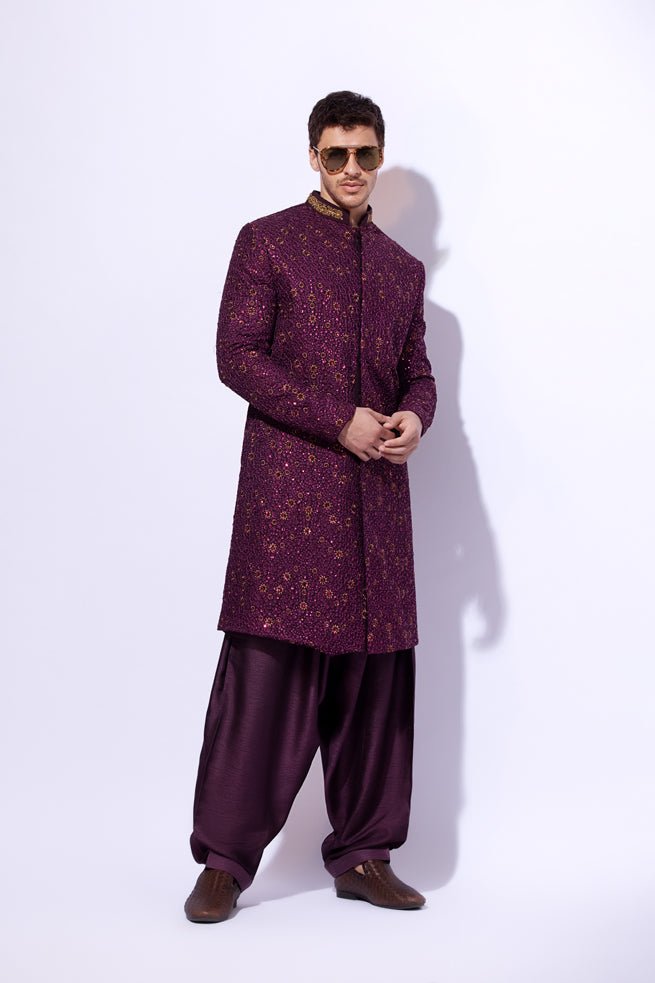 Plum Self-Embroidered Silk-Blend Achkan Sherwani (2-Piece) - Image 3