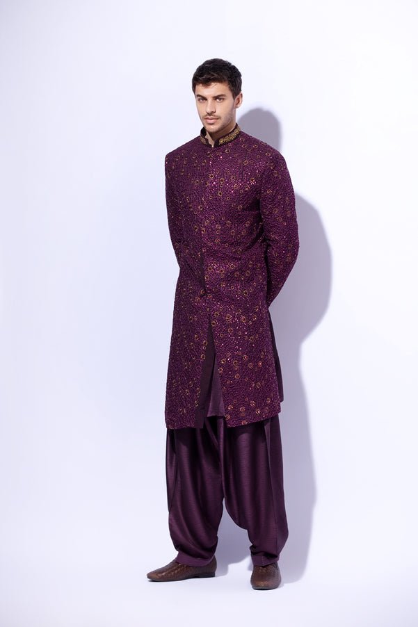 Plum Self-Embroidered Silk-Blend Achkan Sherwani (2-Piece) - Image 4