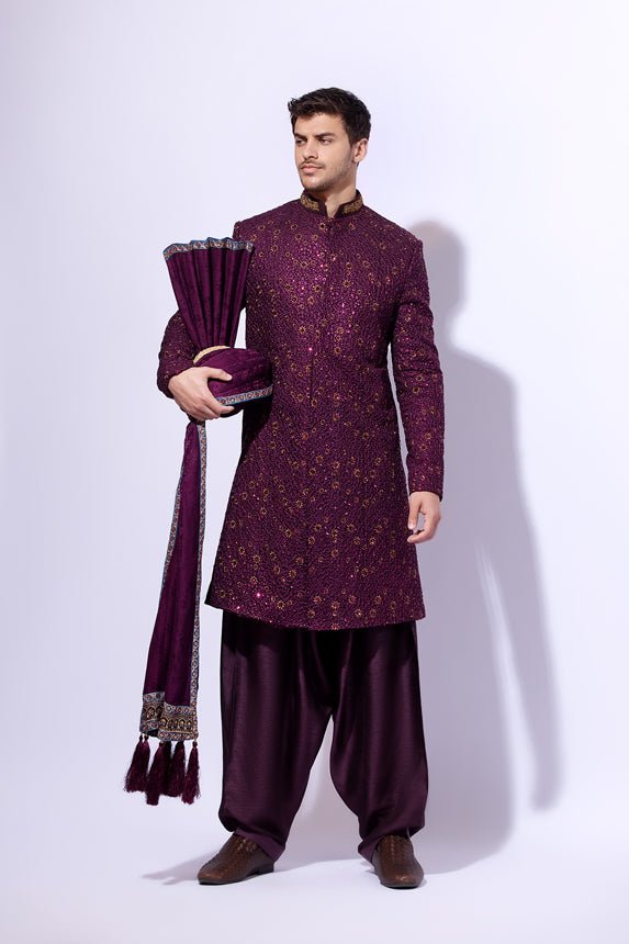 Plum Self-Embroidered Silk-Blend Achkan Sherwani (2-Piece) - Image 5