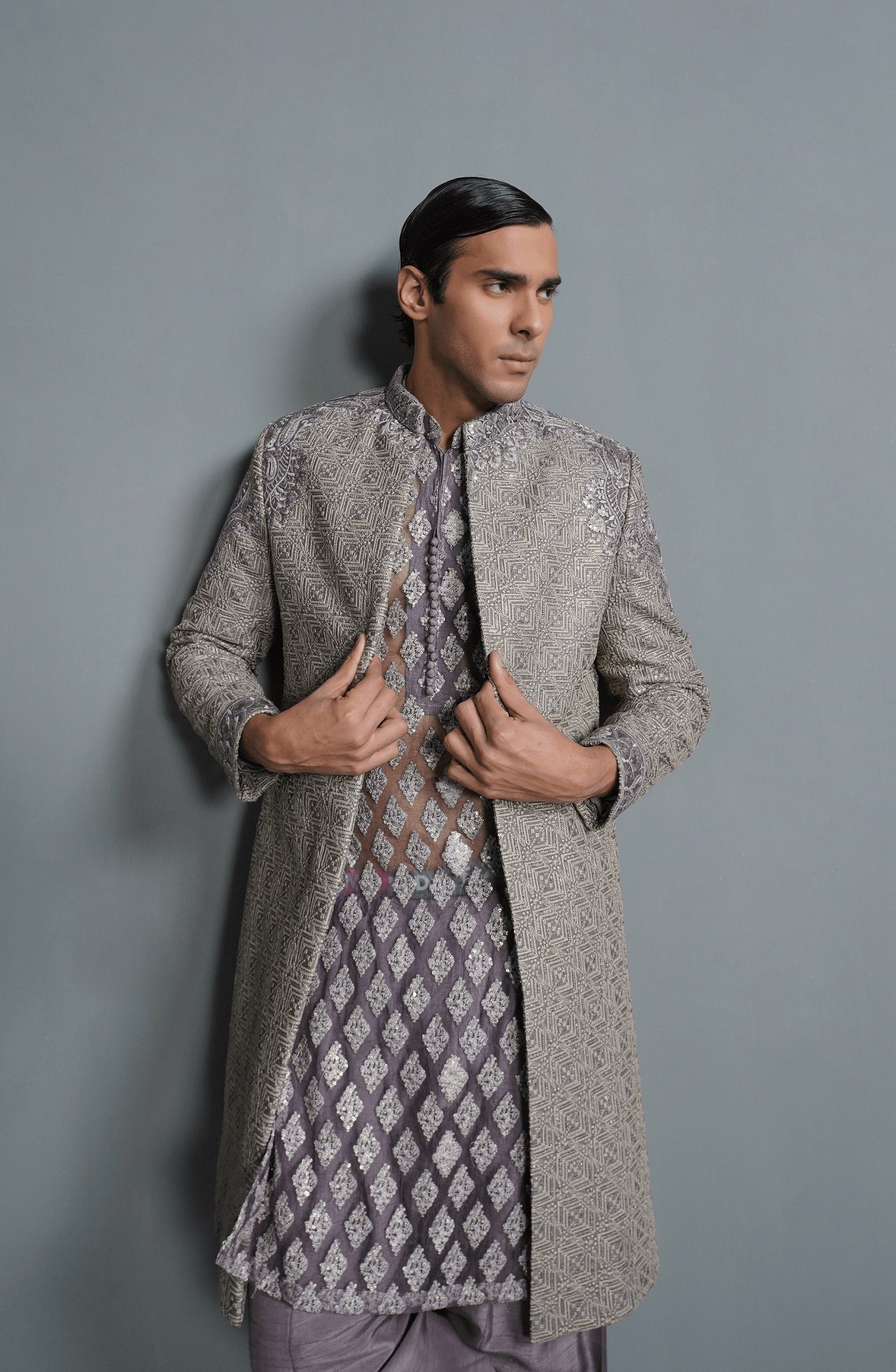 Faded Purple Embroidered Silk Sherwani Set (3-Piece) - Image 1