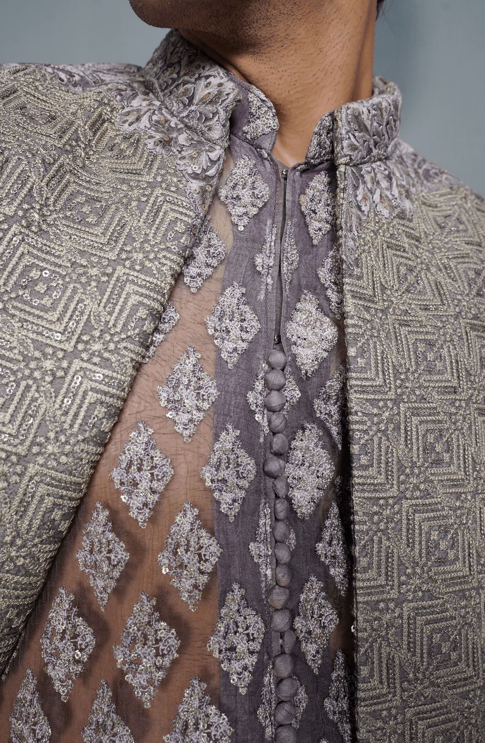 Faded Purple Embroidered Silk Sherwani Set (3-Piece) - Image 5