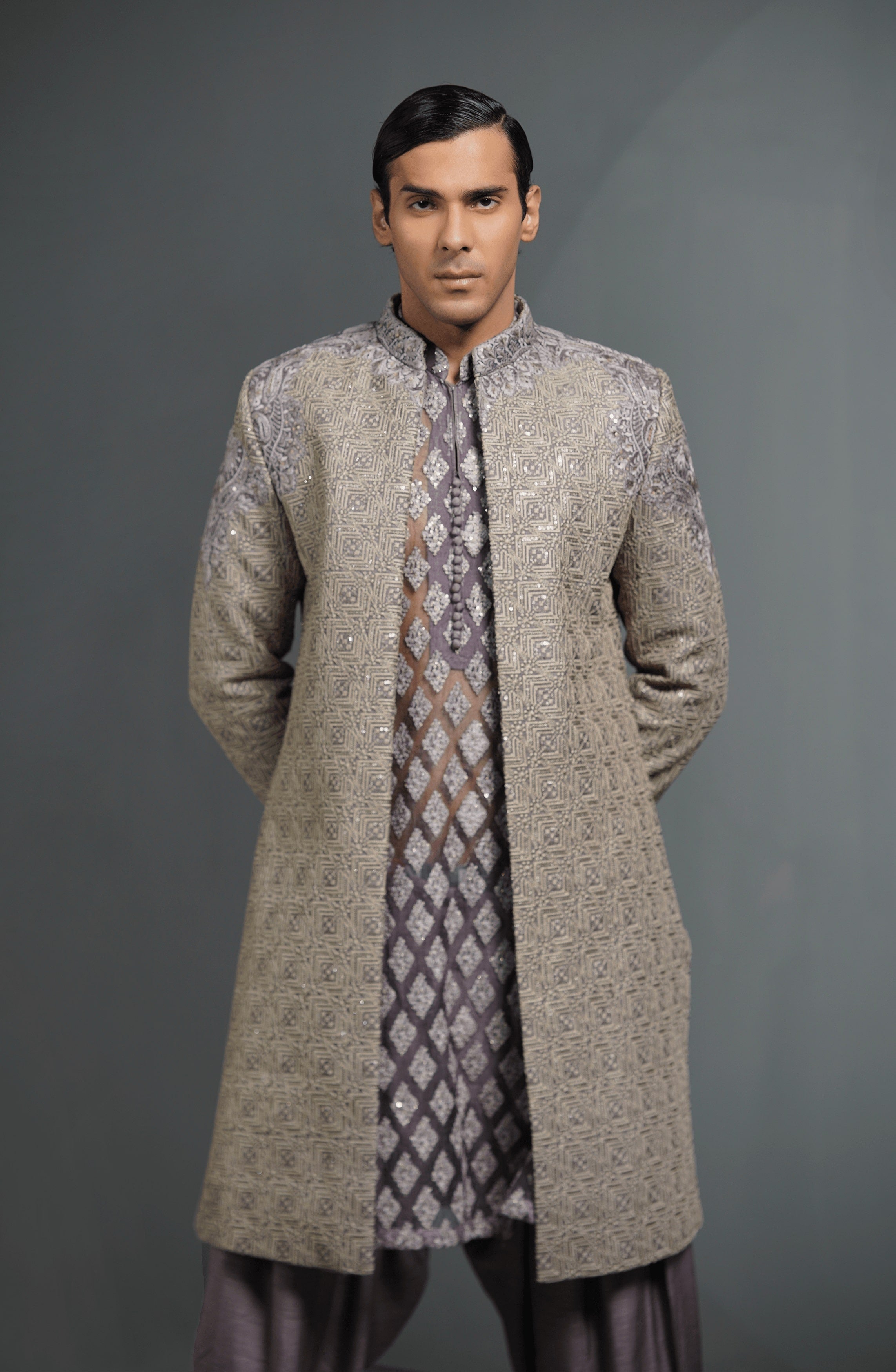 Faded Purple Embroidered Silk Sherwani Set (3-Piece) - Image 6