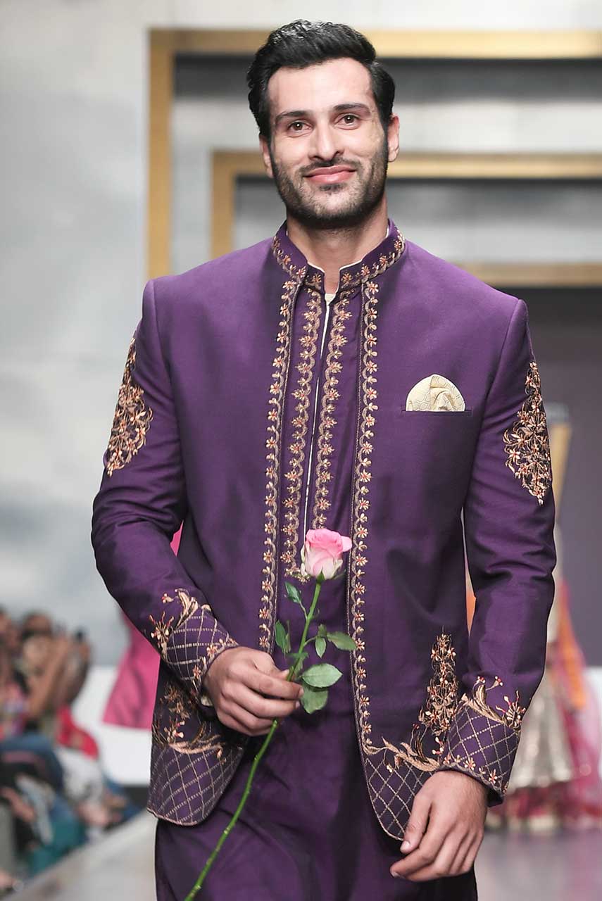 Deep Purple Embroidered Suiting Fabric Achkan Sherwani (3-Piece) - Image 2