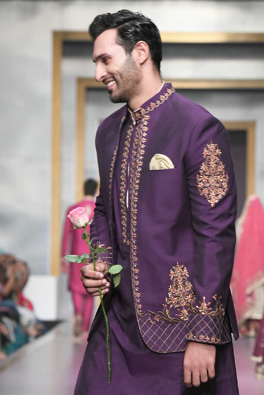 Deep Purple Embroidered Suiting Fabric Achkan Sherwani (3-Piece) - Image 3