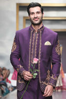 Deep Purple Embroidered Suiting Fabric Achkan Sherwani (3-Piece) - Image 5
