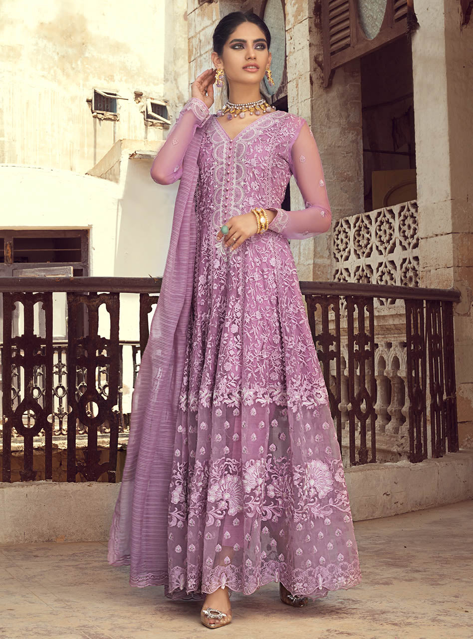 Lavender Embroidered Chiffon Anarkali Dress (3-Piece) - Image 1