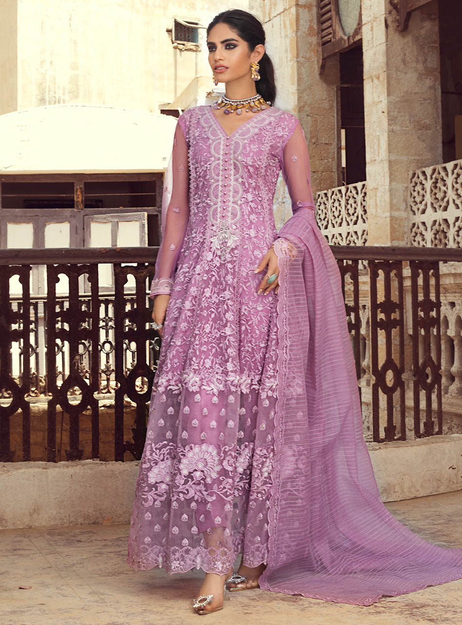 Lavender Embroidered Chiffon Anarkali Dress (3-Piece) - Image 2