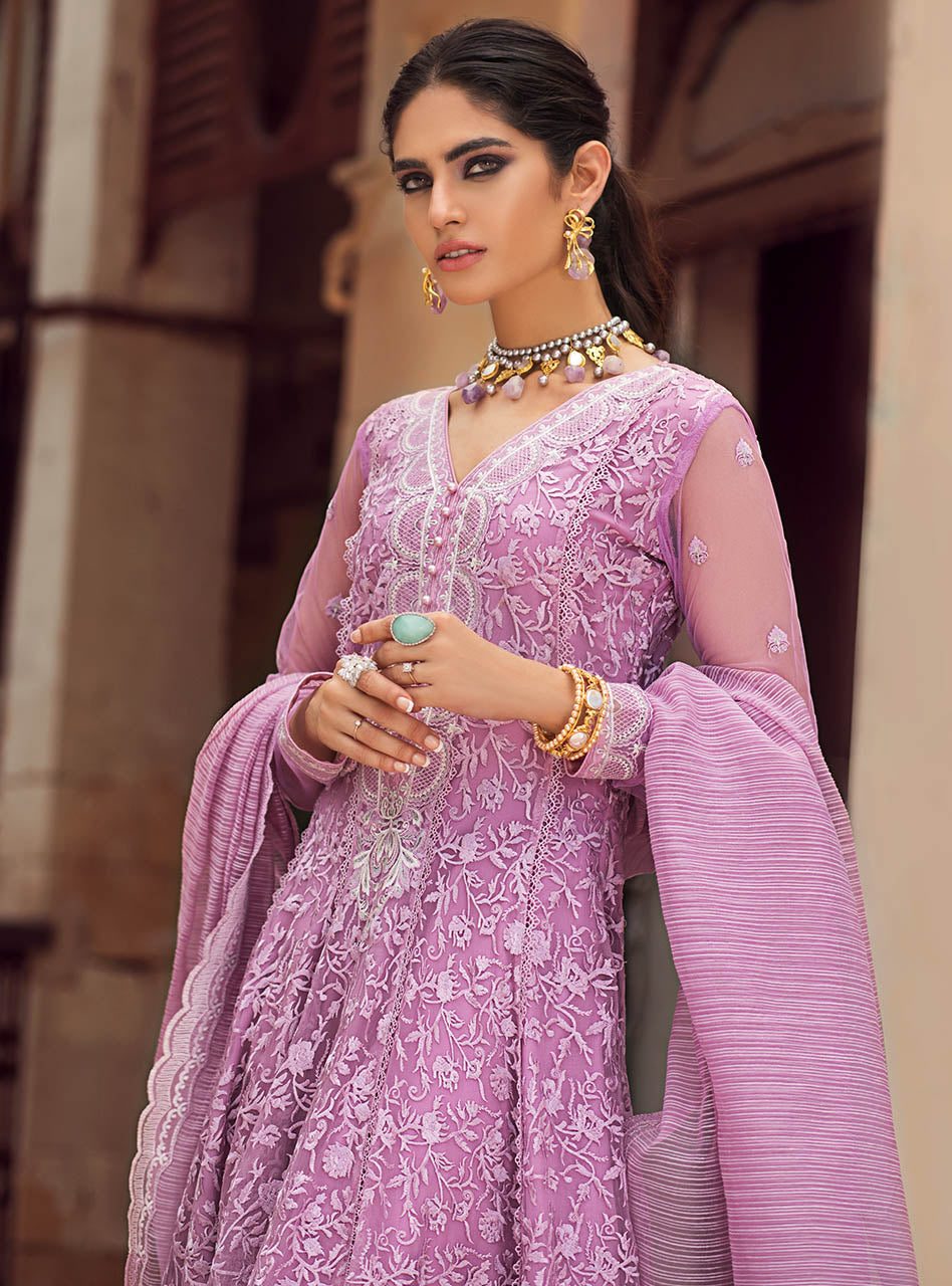 Lavender Embroidered Chiffon Anarkali Dress (3-Piece) - Image 3