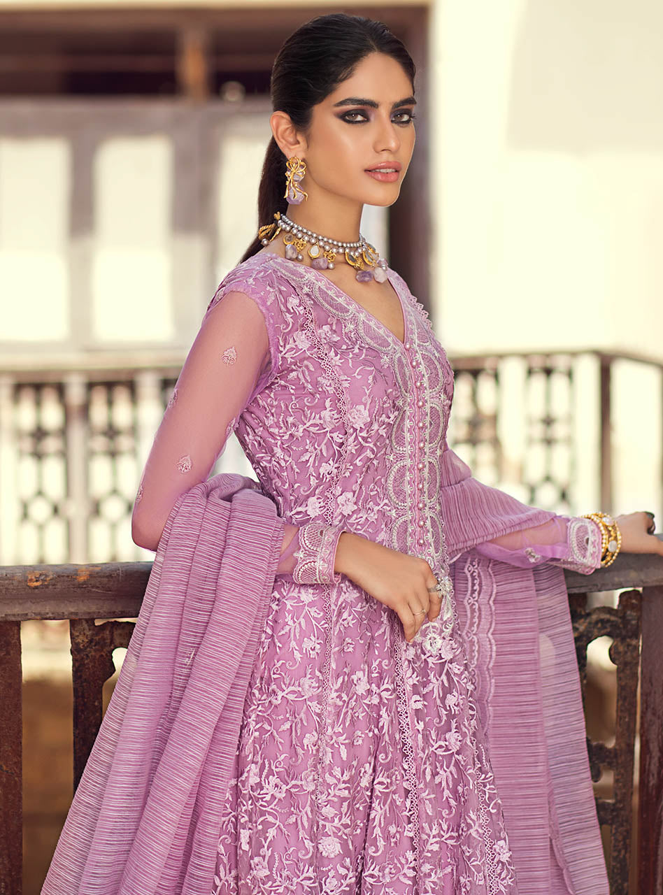 Lavender Embroidered Chiffon Anarkali Dress (3-Piece) - Image 4