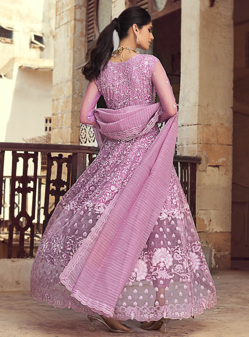 Lavender Embroidered Chiffon Anarkali Dress (3-Piece) - Image 7