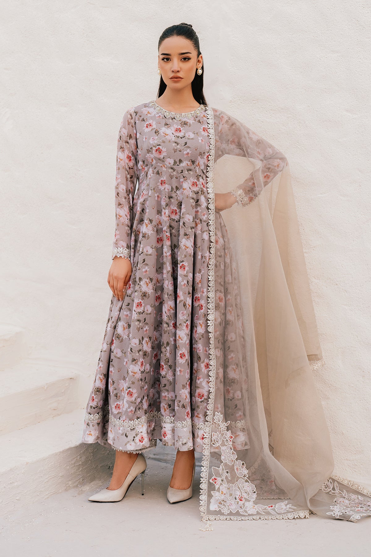 Pakistani Lilac Floral Embroidered Chiffon Anarkali Dress (3-Piece) - Image 1