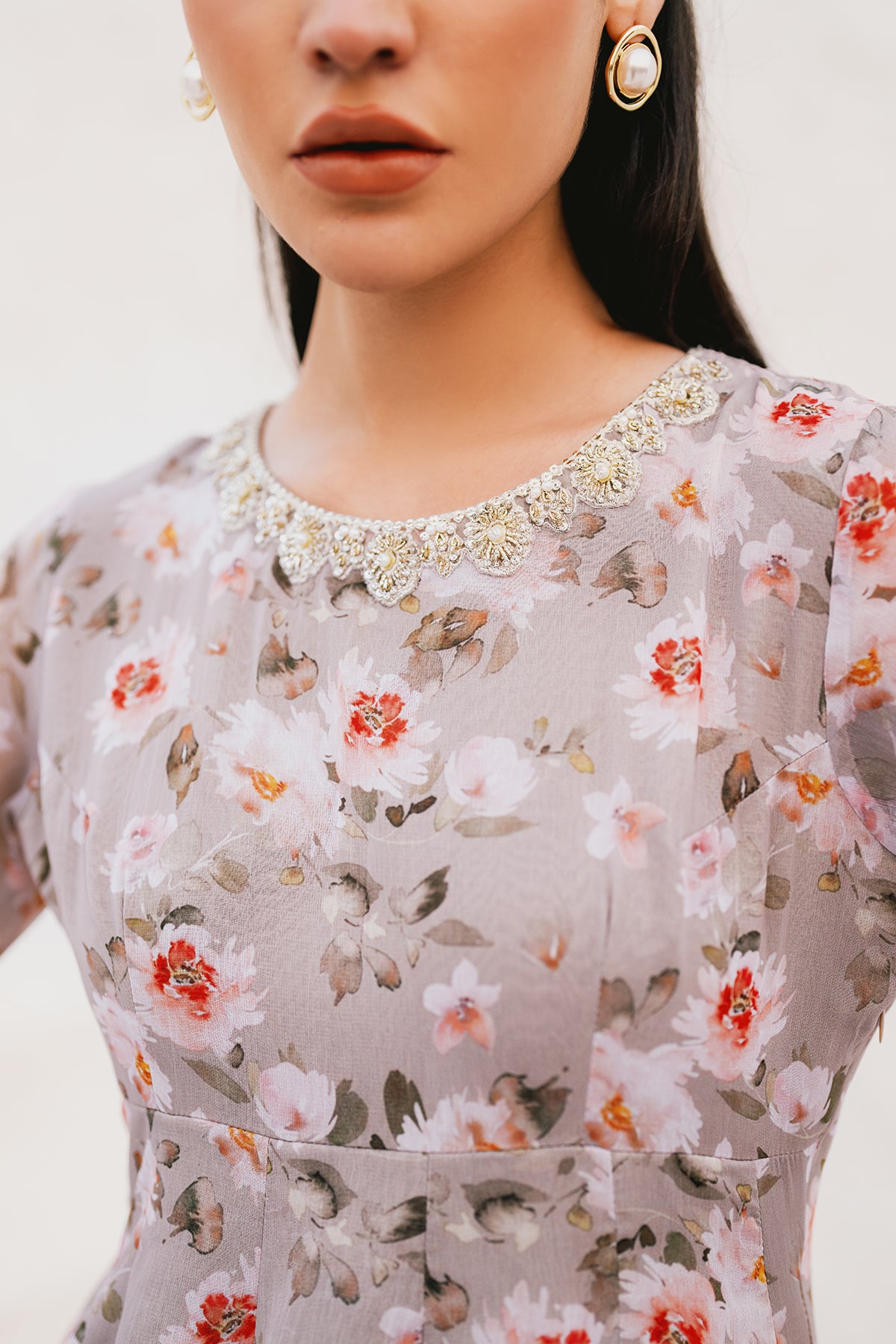 Pakistani Lilac Floral Embroidered Chiffon Anarkali Dress (3-Piece) - Image 8