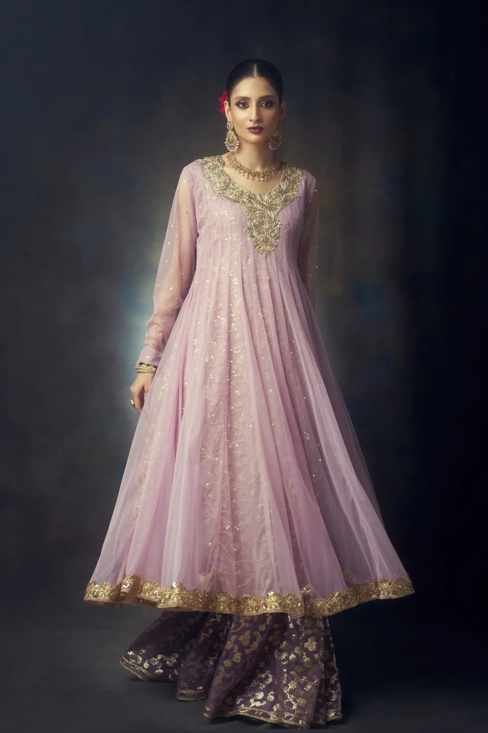 Pakistani Lilac Embellished Pure Chiffon Silk Anarkali (2-Piece) - Image 1