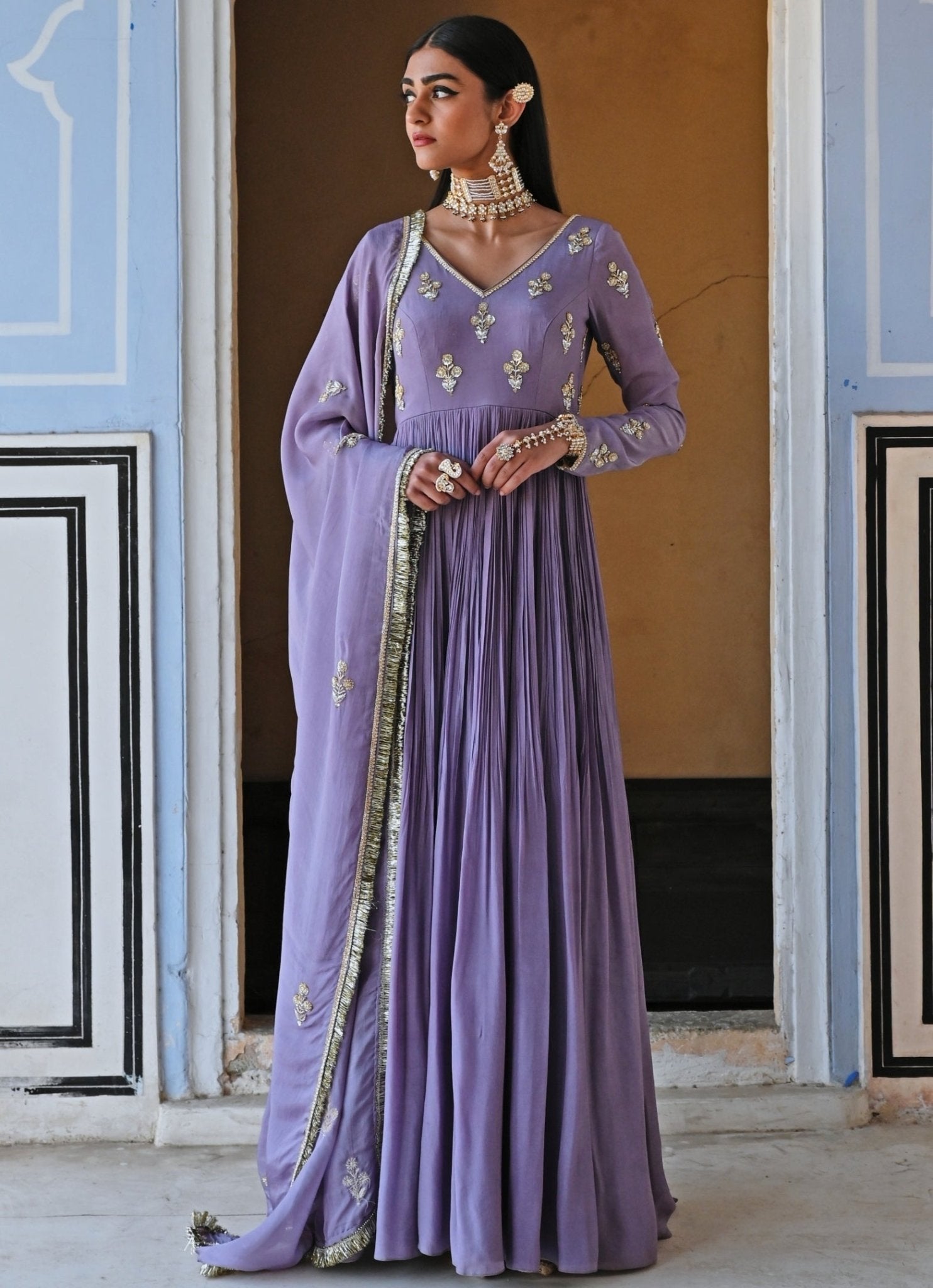 Pakistani Lilac Embroidered Pure Crepe Anarkali Dress (2-Piece) - Image 2