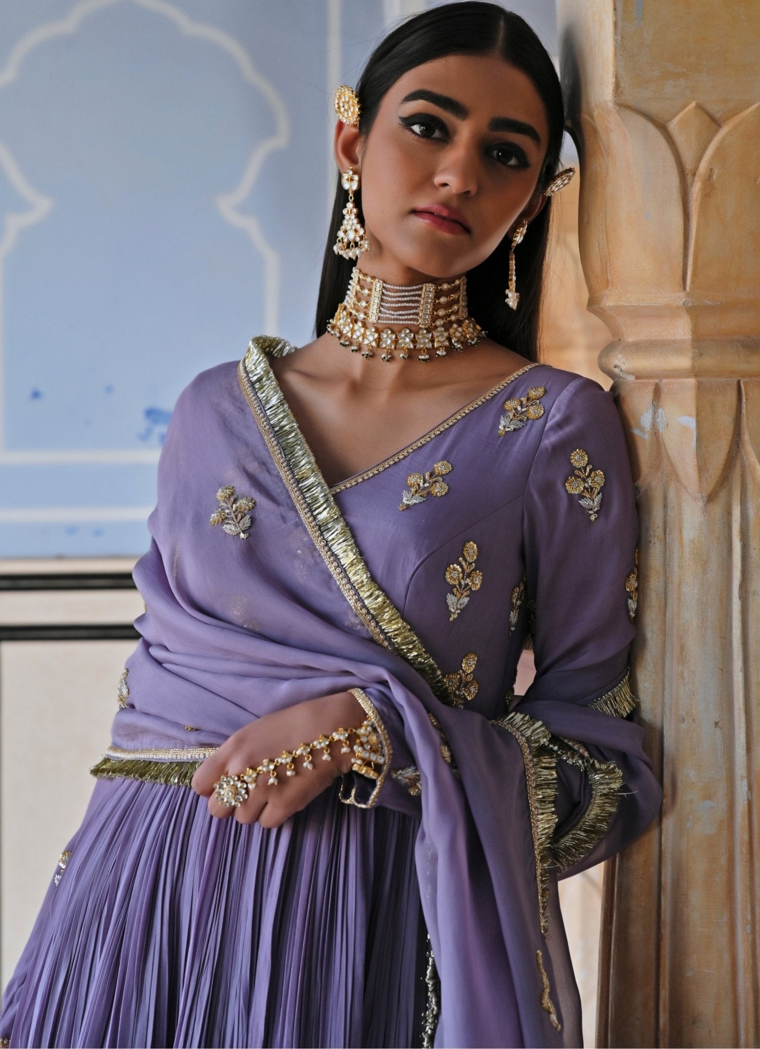 Pakistani Lilac Embroidered Pure Crepe Anarkali Dress (2-Piece) - Image 3