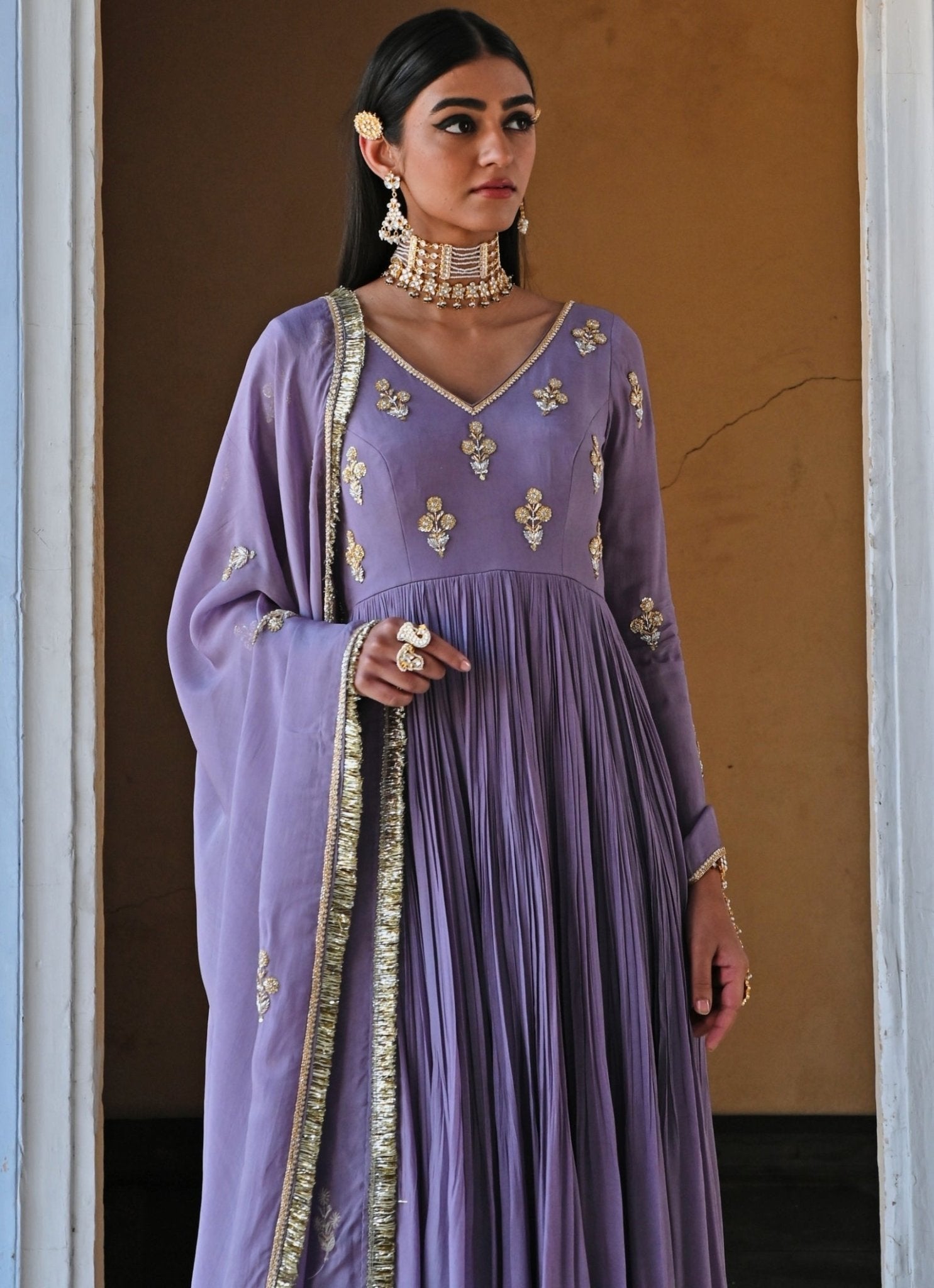 Pakistani Lilac Embroidered Pure Crepe Anarkali Dress (2-Piece) - Image 4
