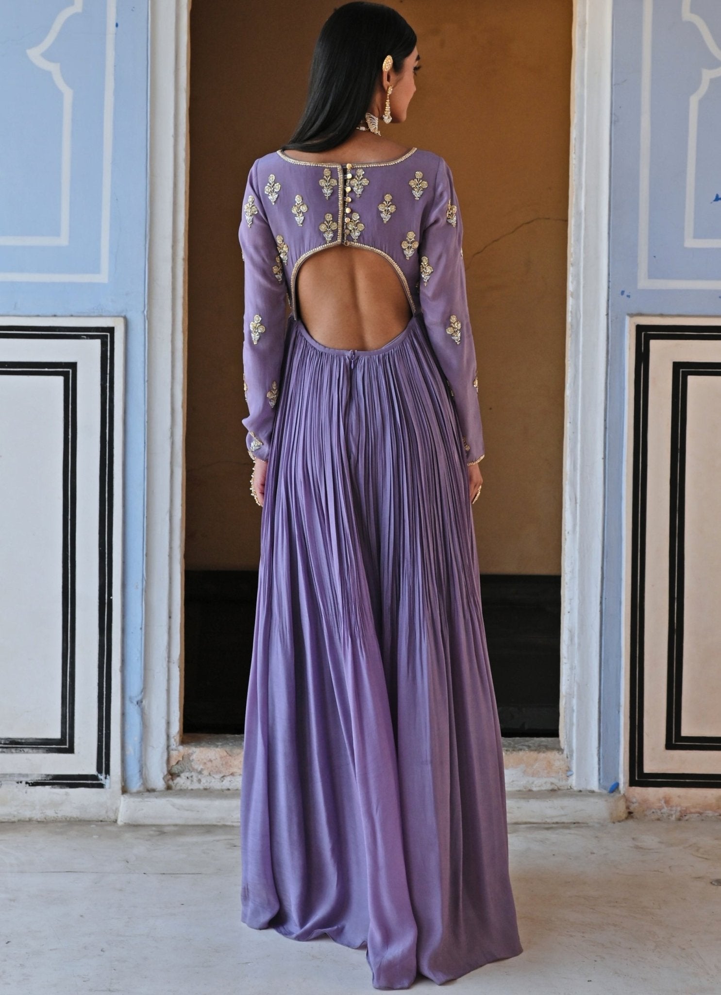 Pakistani Lilac Embroidered Pure Crepe Anarkali Dress (2-Piece) - Image 5