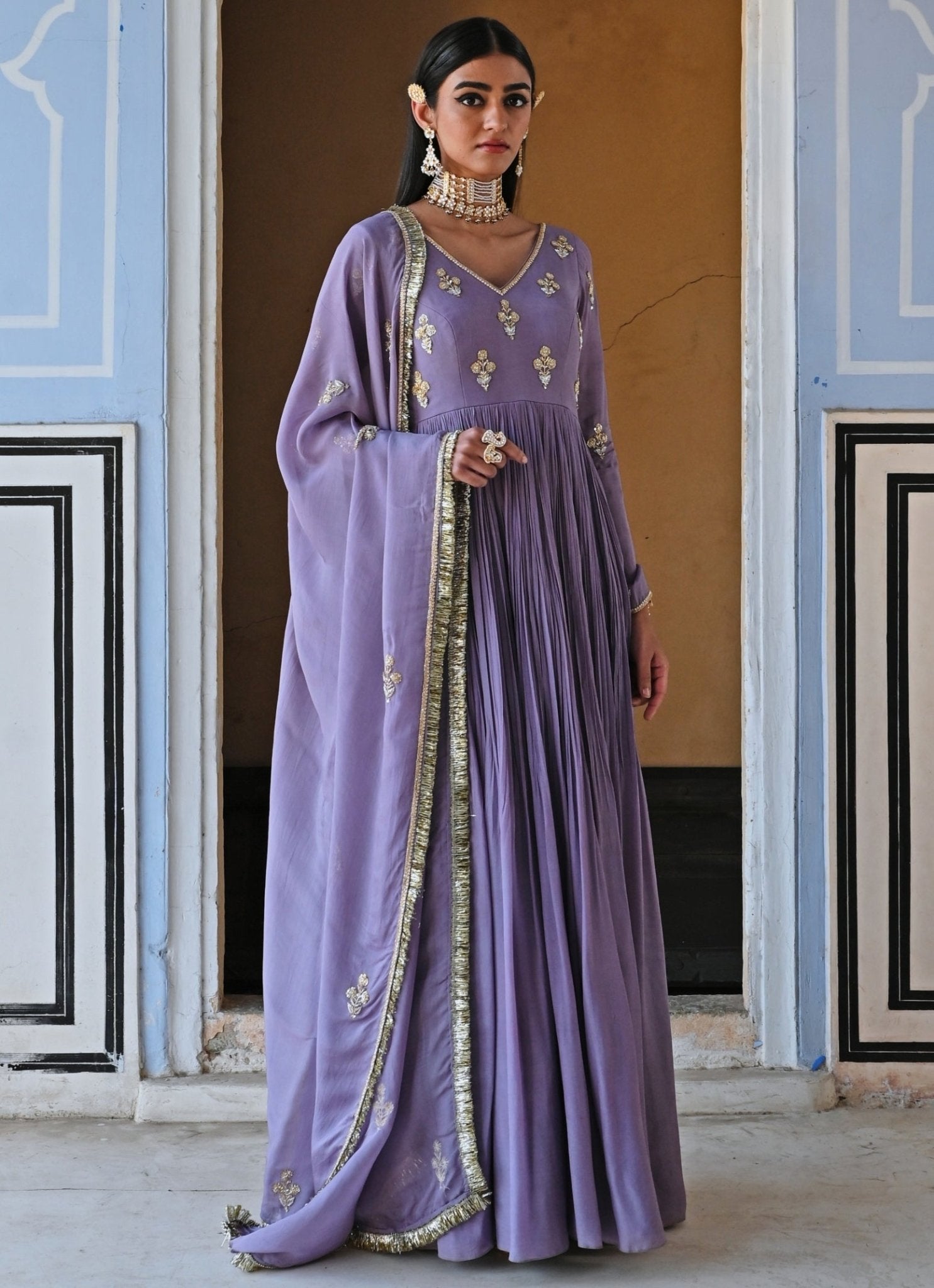 Pakistani Lilac Embroidered Pure Crepe Anarkali Dress (2-Piece) - Image 8