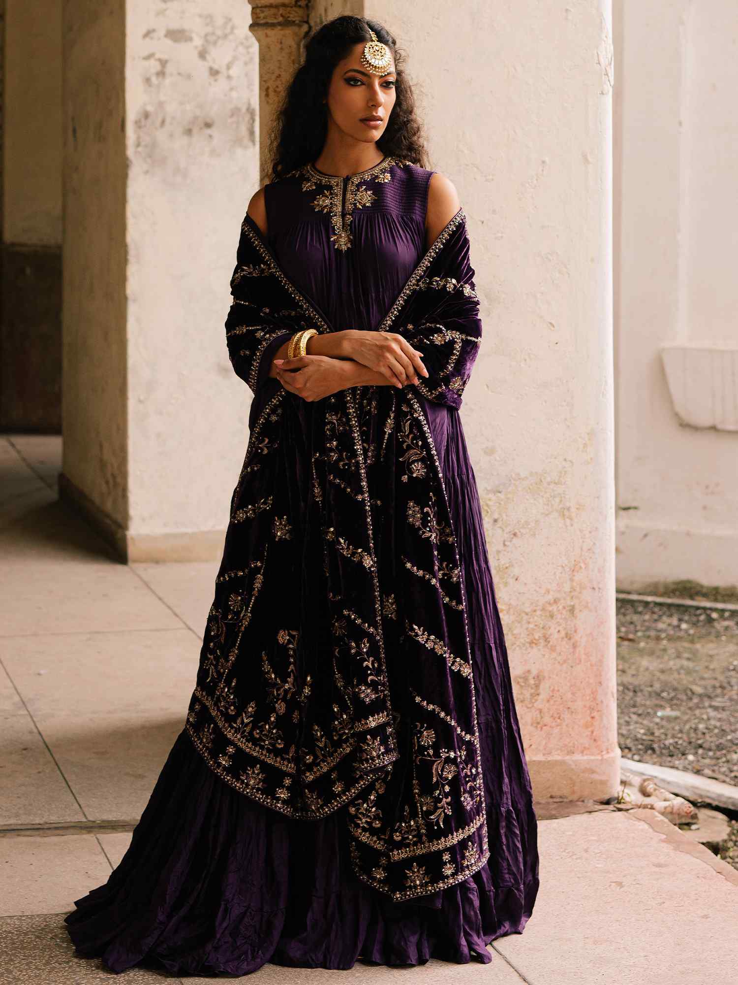 Pakistani Plum Violet Embroidered Crushed Silk Anarkali (2-Piece) - Image 1