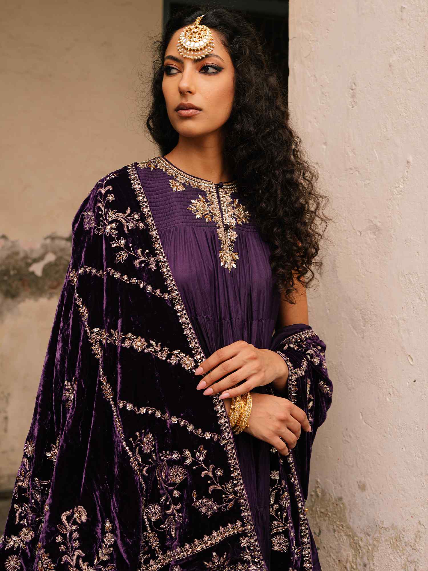 Pakistani Plum Violet Embroidered Crushed Silk Anarkali (2-Piece) - Image 2