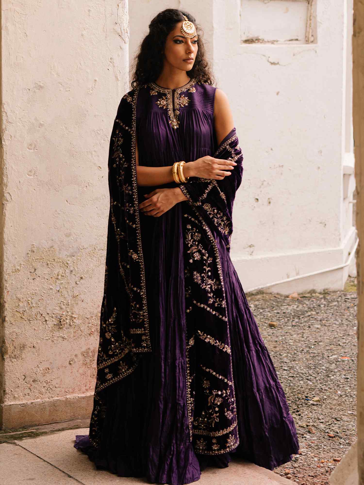 Pakistani Plum Violet Embroidered Crushed Silk Anarkali (2-Piece) - Image 3