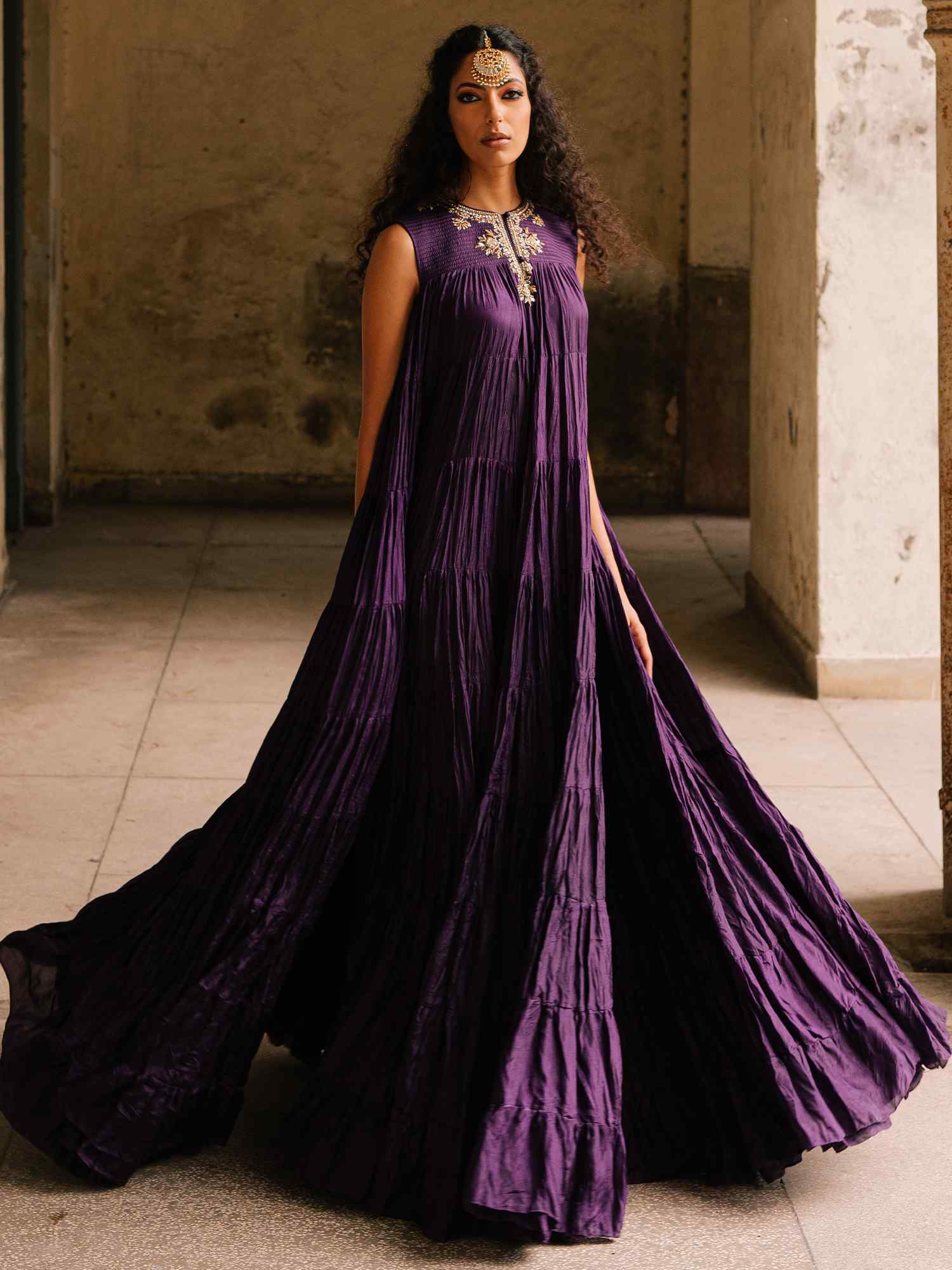 Pakistani Plum Violet Embroidered Crushed Silk Anarkali (2-Piece) - Image 4