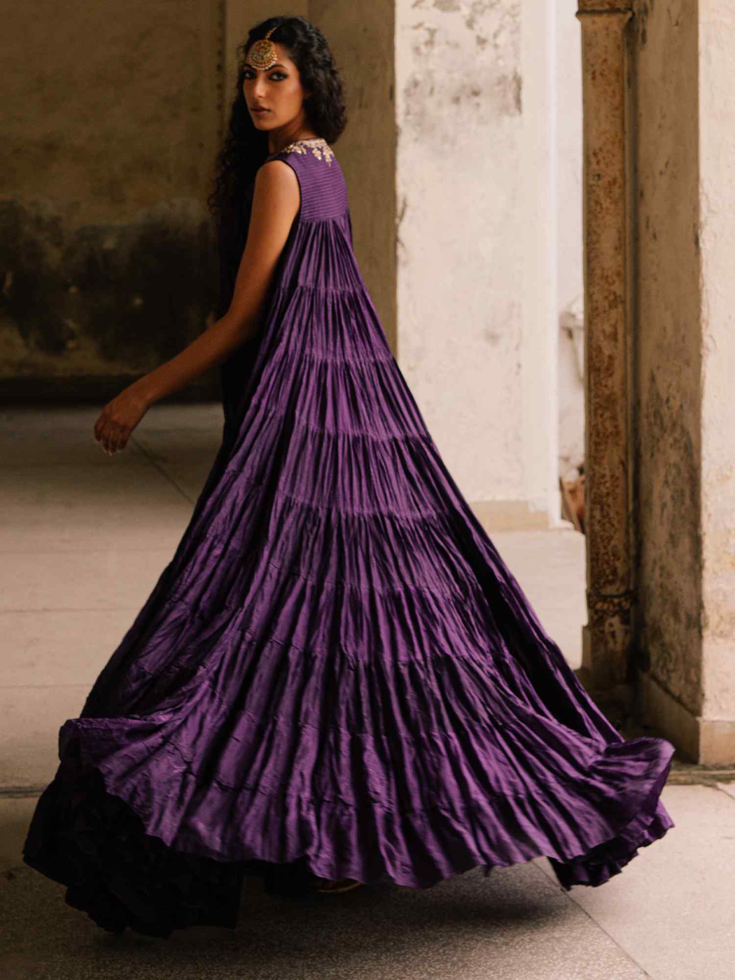 Pakistani Plum Violet Embroidered Crushed Silk Anarkali (2-Piece) - Image 5